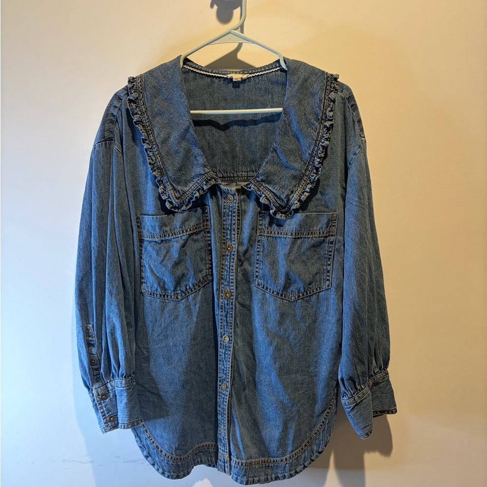 Pilcro Blue Denim Top with Ruffled Neckline - Picture 1 of 7